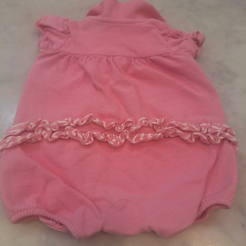 Ralph Lauren Polo‎ Romper Baby Girl Sz 9M Pink Ruffle Piqué One Piece Bubble